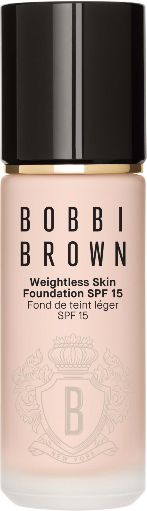 A foundation bottle with a black cap, labeled Bobbi Brown, for lightweight skin with SPF 15.