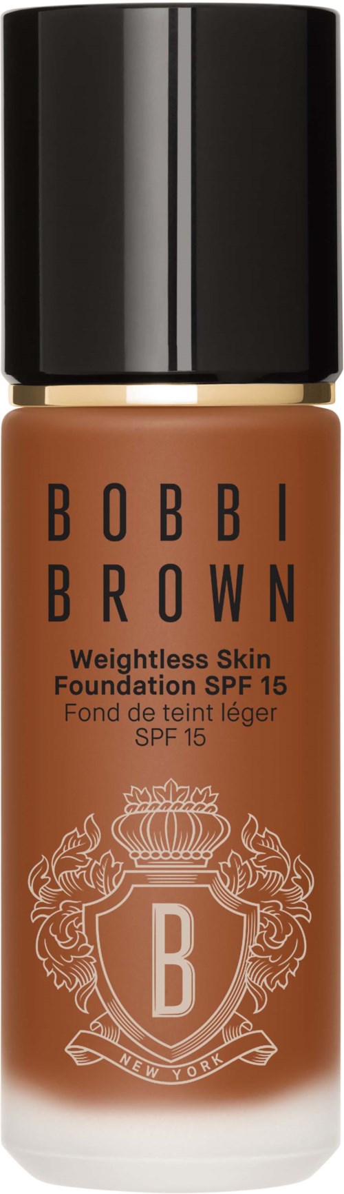 Foundation bottle with black cap, brown liquid, and decorative logo on front.