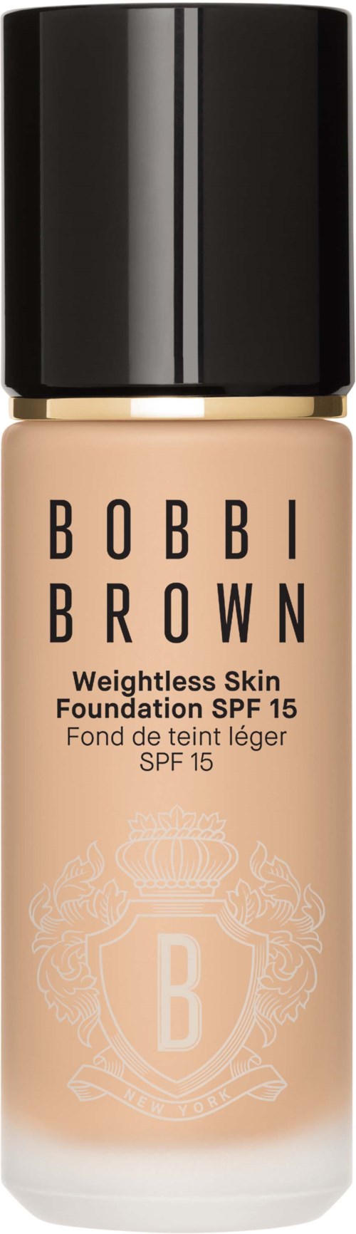 Foundation bottle with a black cap, labeled Bobbi Brown, SPF 15, for weightless skin coverage.