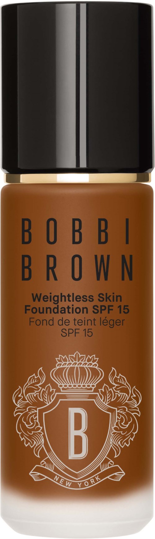 Bottle of Bobbi Brown Weightless Skin Foundation SPF 15, in brown color, with black cap and decorative logo.
