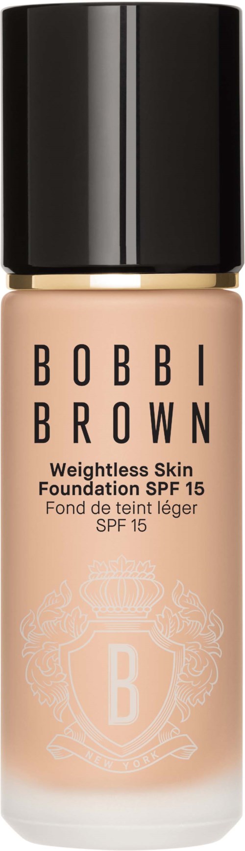 A Bobbi Brown foundation bottle with a black cap and beige liquid inside.