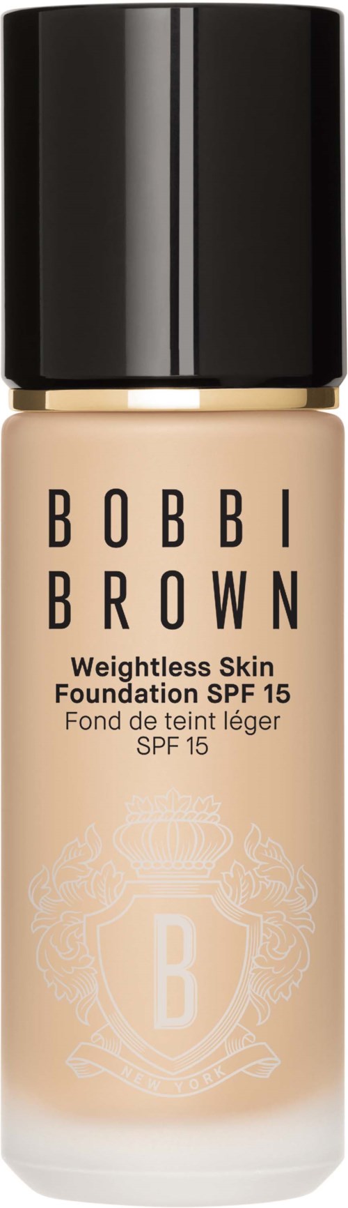 Bottle of Bobbi Brown foundation with SPF 15 and lightweight formula, labeled in black and beige.