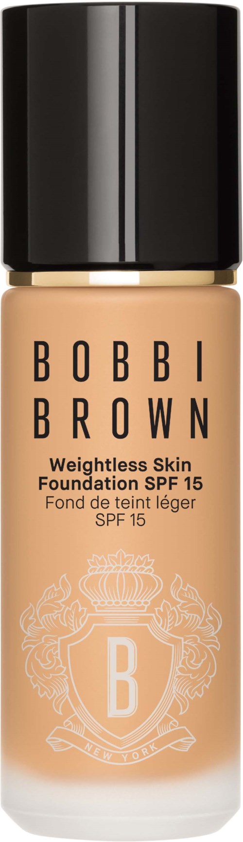 A bottle of Bobbi Brown foundation with SPF 15, labeled as weightless skin, in beige color. Black cap.