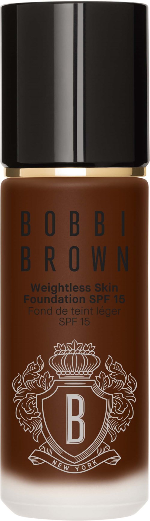 A bottle of Bobbi Brown foundation with a black cap and a brown body featuring the brand's logo.