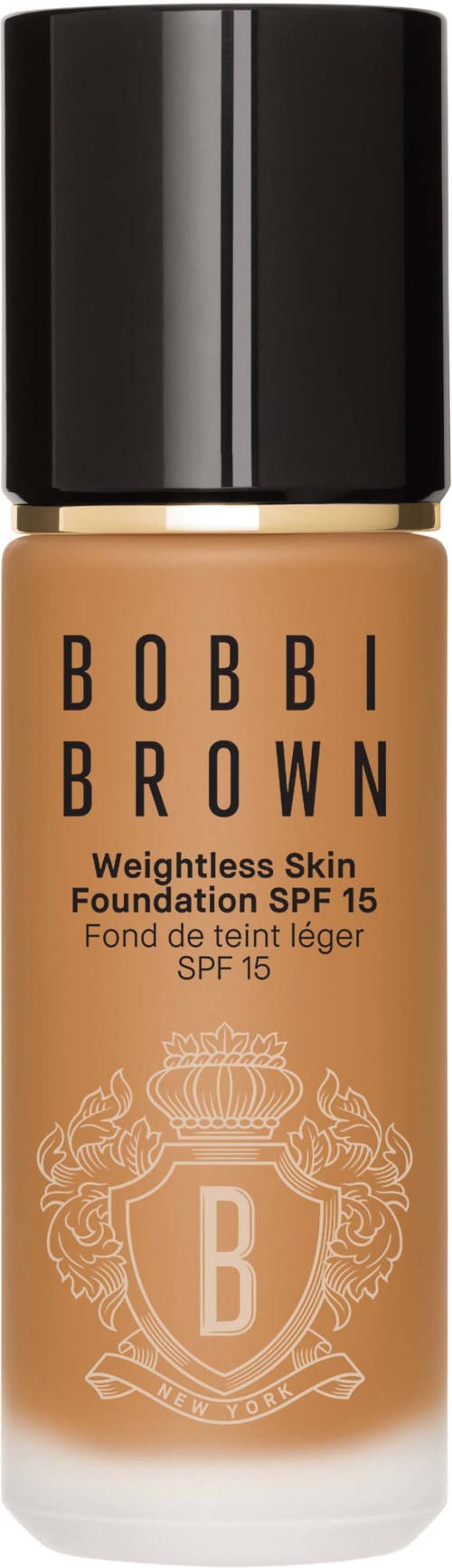 Foundation bottle with black cap, beige color, and Bobbi Brown logo and text.
