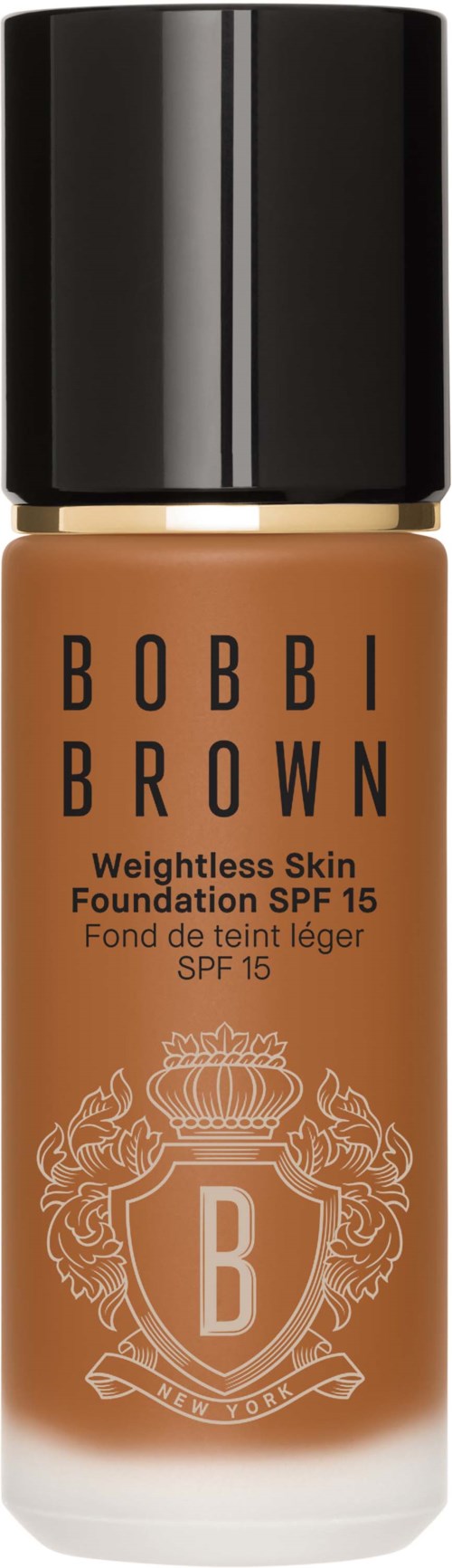 A foundation bottle with a black cap, labeled Bobbi Brown, SPF 15 for lightweight skin cover.