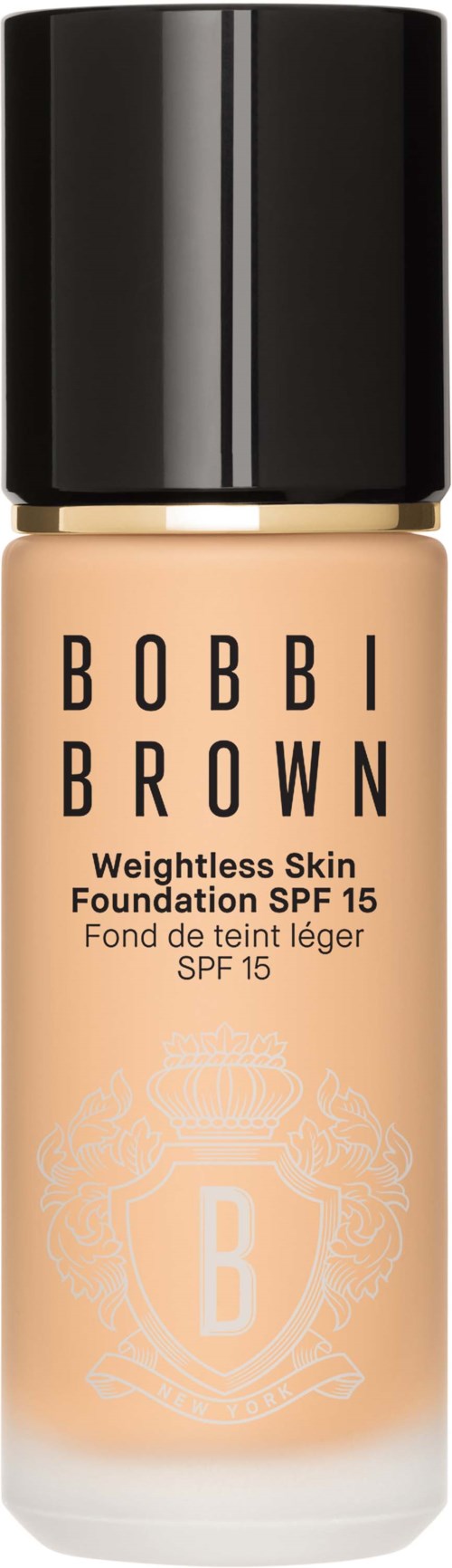 A foundation bottle with a black cap, labeled Bobbi Brown, SPF 15, for weightless skin.
