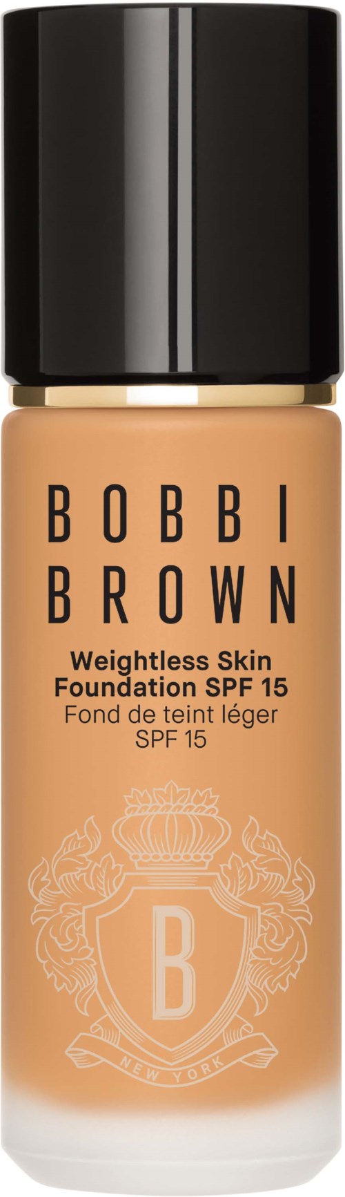 A bottle of Bobbi Brown Weightless Skin Foundation with SPF 15, light beige color, black cap, and logo on the bottle.