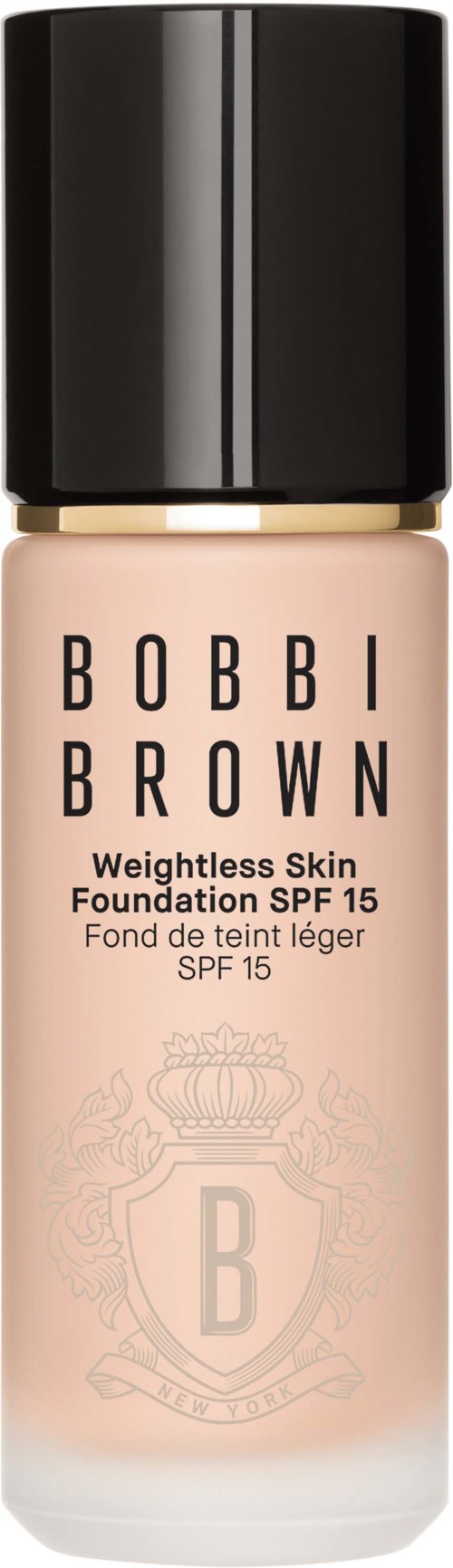 Bobbi Brown foundation bottle with a black cap, light pink liquid, and text including SPF 15.