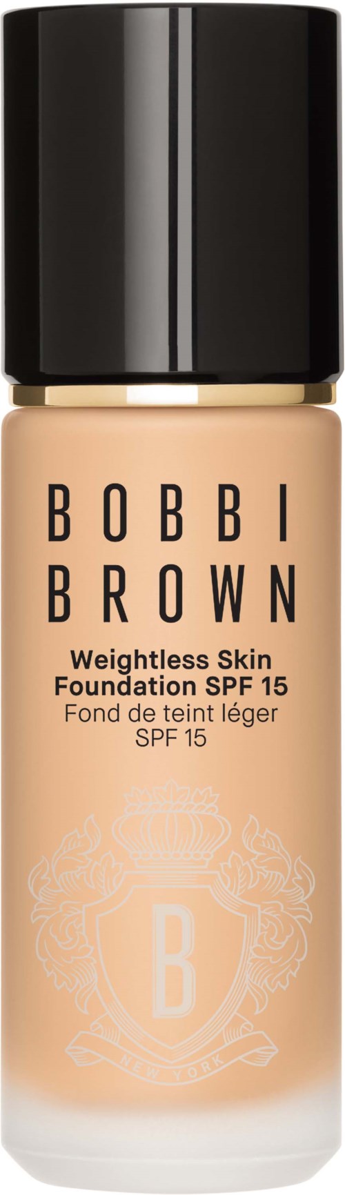 Foundation bottle with black cap, labeled Bobbi Brown, SPF 15, weightless skin.
