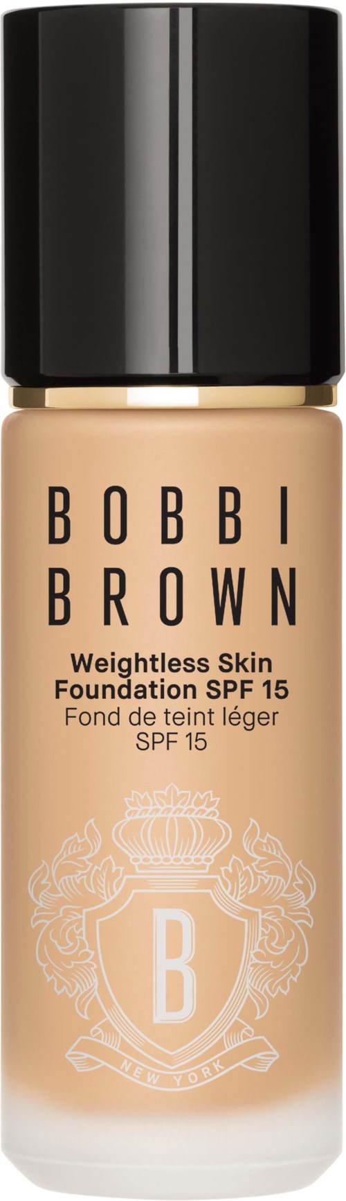 Foundation bottle with SPF 15, labeled Bobbi Brown, in beige with black cap.