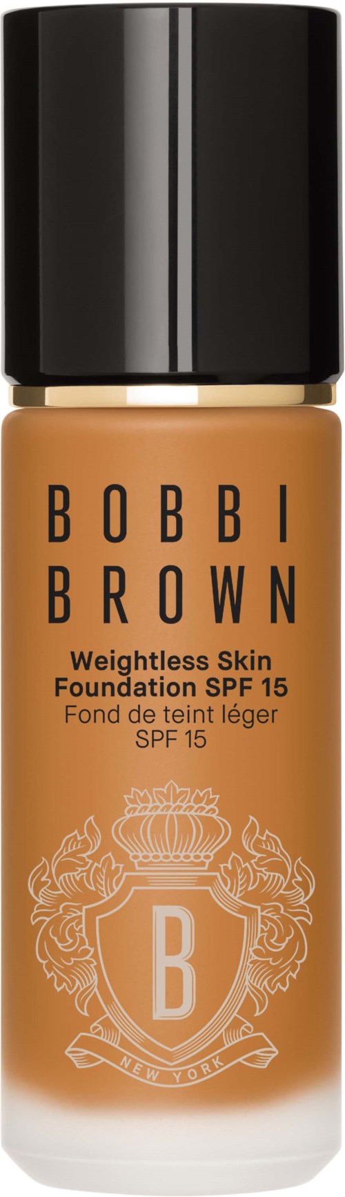 Bobbi Brown foundation bottle with SPF 15, in a beige shade, black cap, and label details.