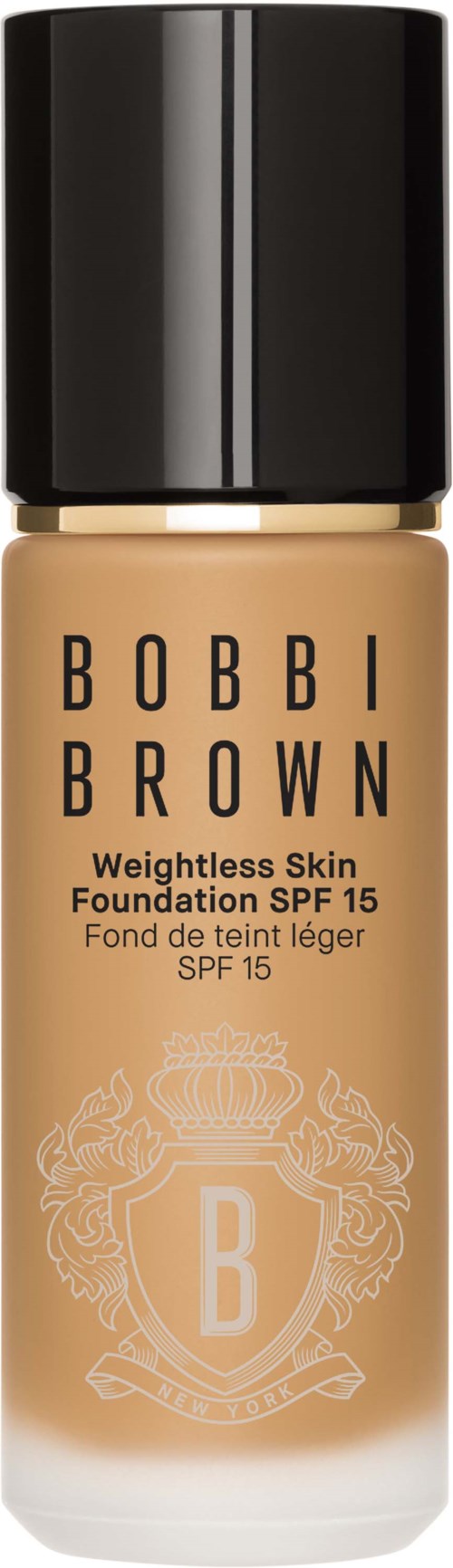 Liquid foundation bottle with black cap, labeled Bobbi Brown, SPF 15, for weightless skin.