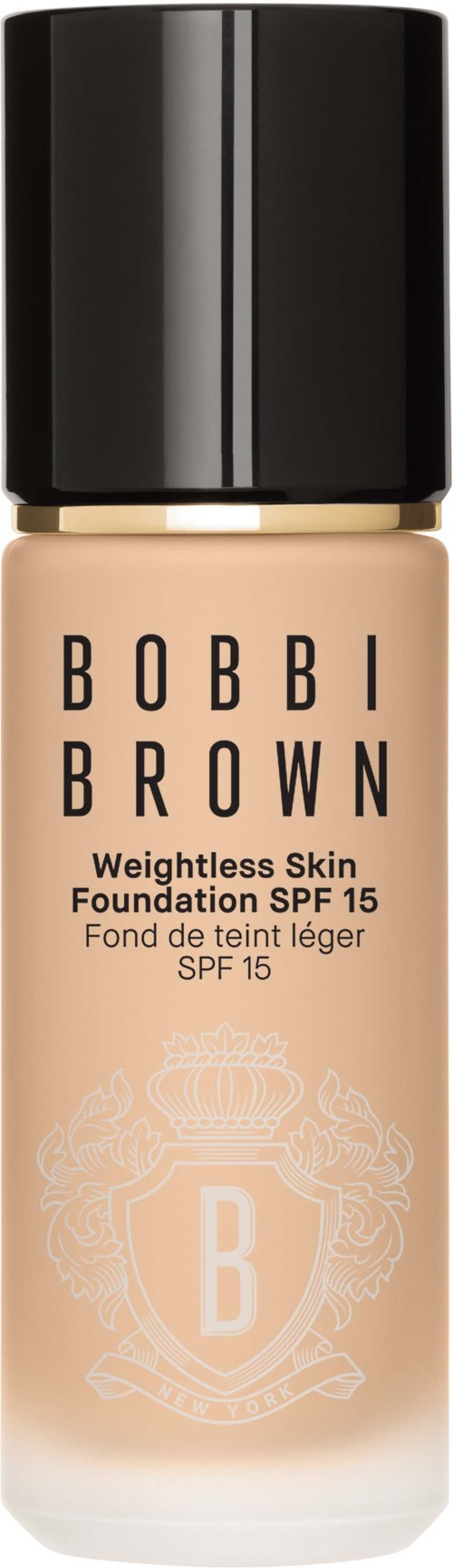 A foundation bottle with black cap, beige liquid, and the Bobbi Brown logo and text.