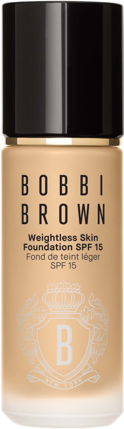 A bottle of Bobbi Brown foundation with a black cap, labeled 'Weightless Skin Foundation SPF 15'.