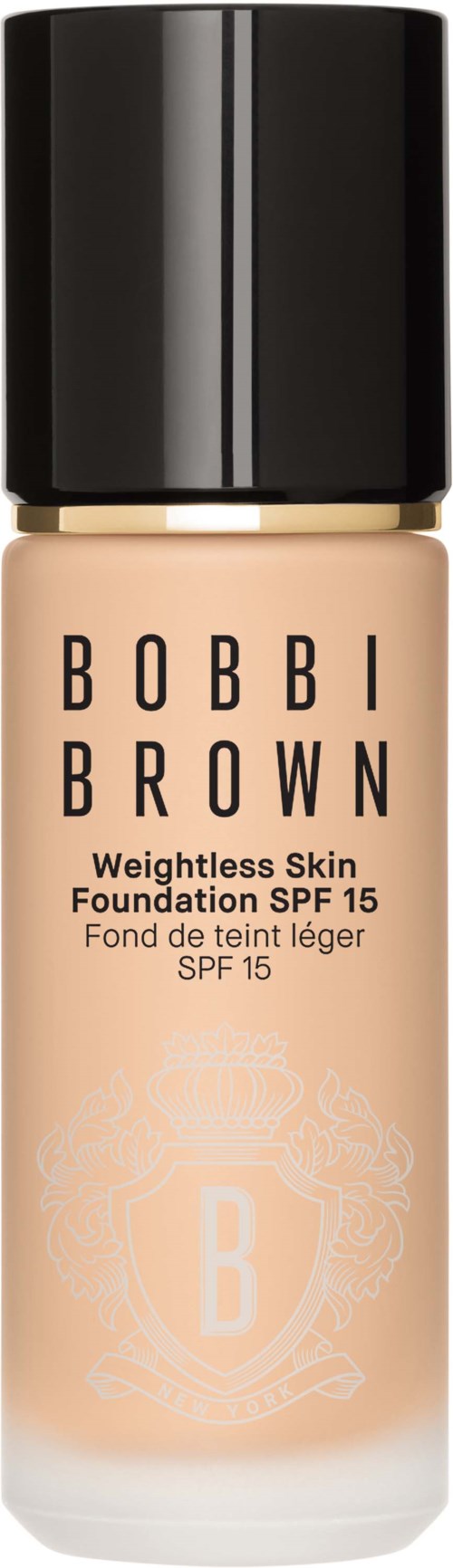 A bottle of Bobbi Brown foundation with a black cap, labeled as weightless with SPF 15.