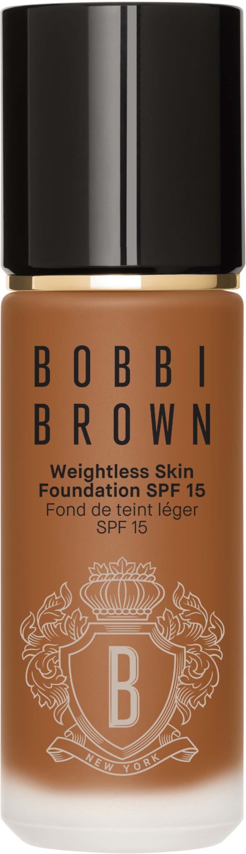 A foundation bottle with a black cap, labeled 'Bobbi Brown, Weightless Skin, SPF 15, Foundation,' in brown and white.