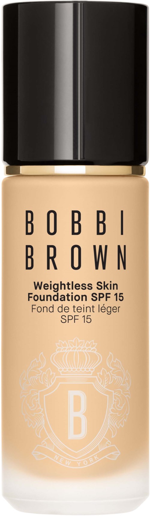 A bottle of Bobbi Brown foundation with SPF 15, in a beige shade, and a black cap.