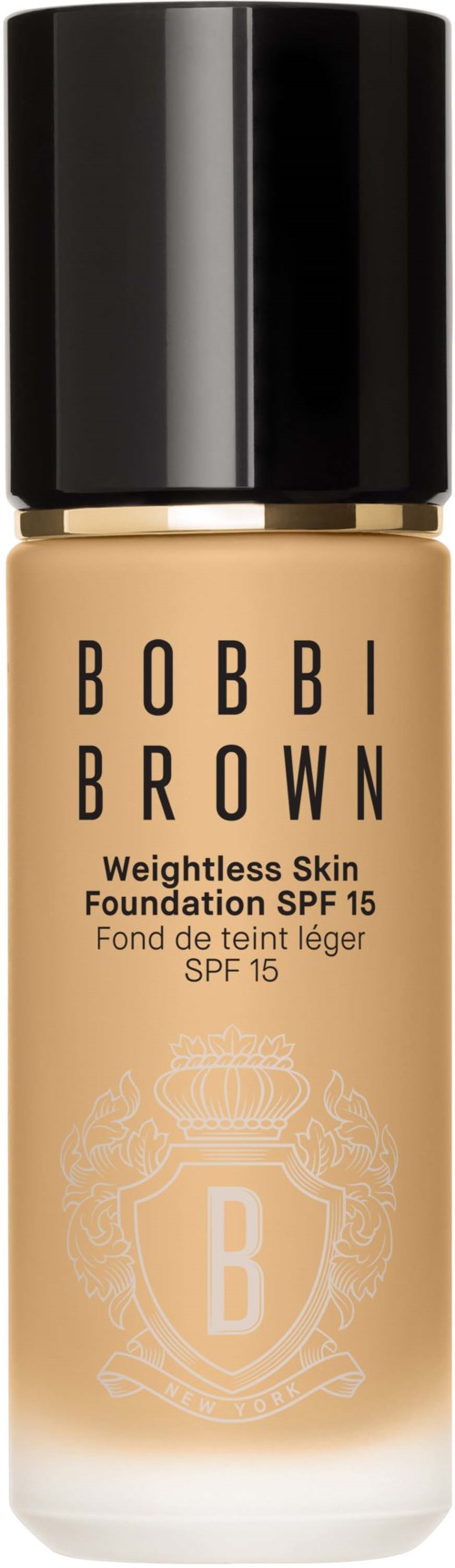 Bobbi Brown foundation bottle with black top and beige liquid inside.