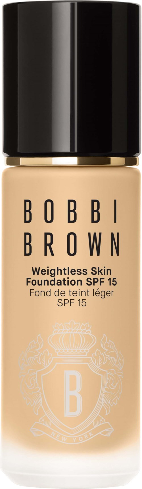 A beige foundation bottle with a black cap, labeled 'Bobbi Brown Weightless Skin Foundation SPF 15' with a crest logo.