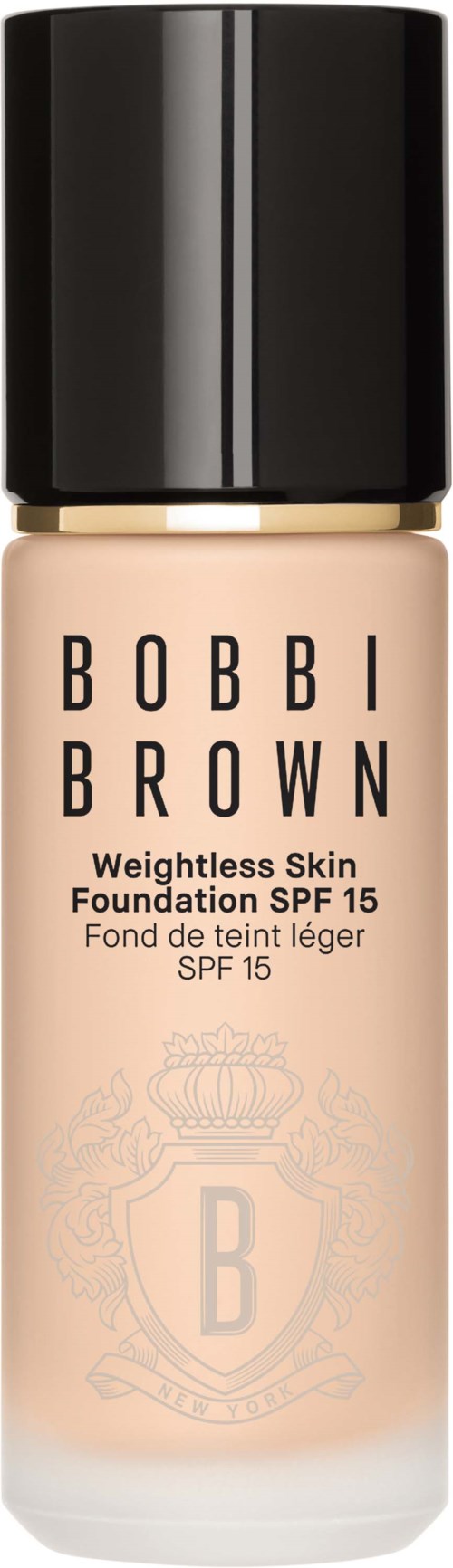 Foundation bottle labeled Bobbi Brown with SPF 15, designed for weightless skin, has a black cap and beige liquid inside.