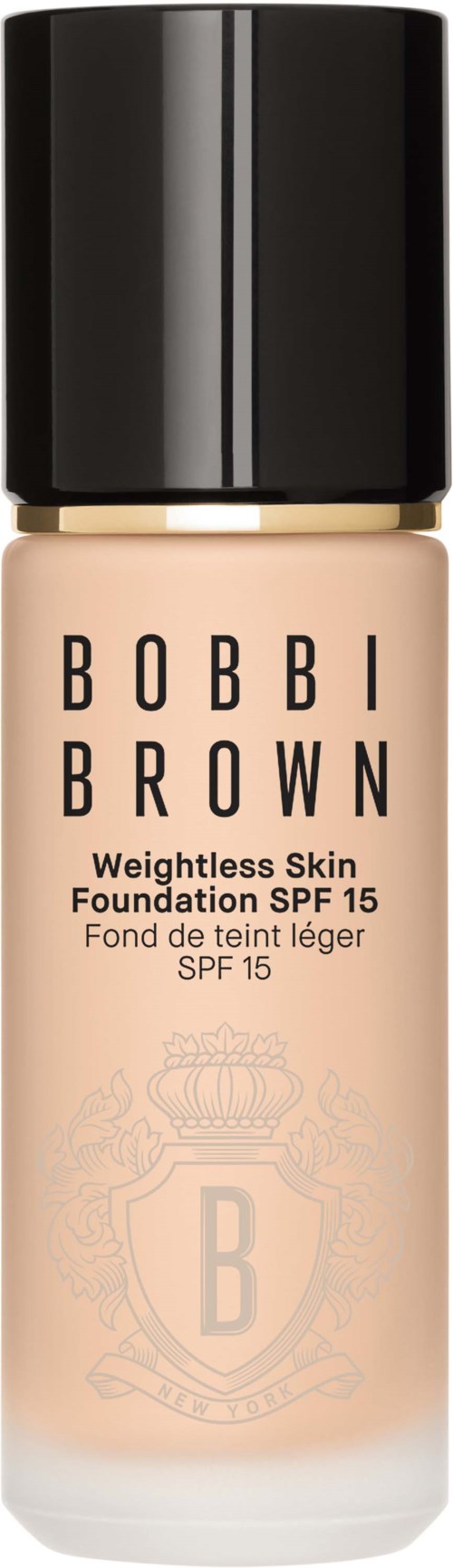 Bottle of Bobbi Brown foundation with SPF 15, labeled 'Weightless Skin.' Black cap, beige foundation inside.