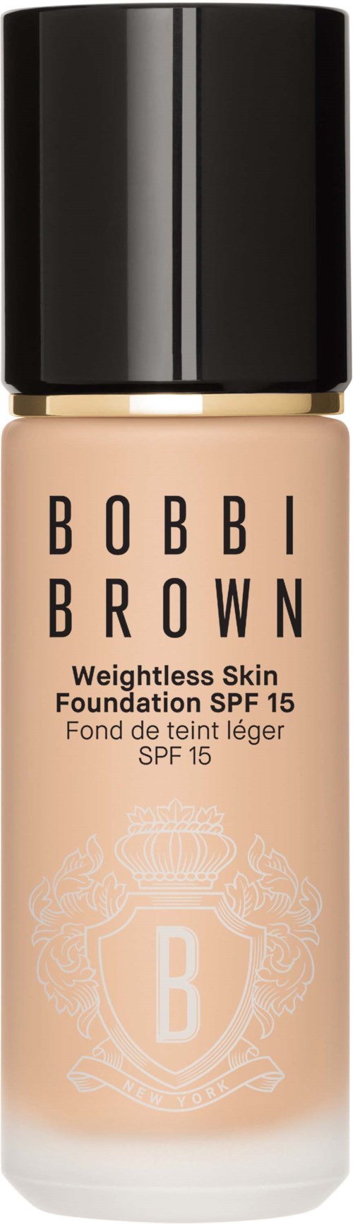 A foundation bottle with a black cap, light beige color, and the Bobbi Brown logo and text.