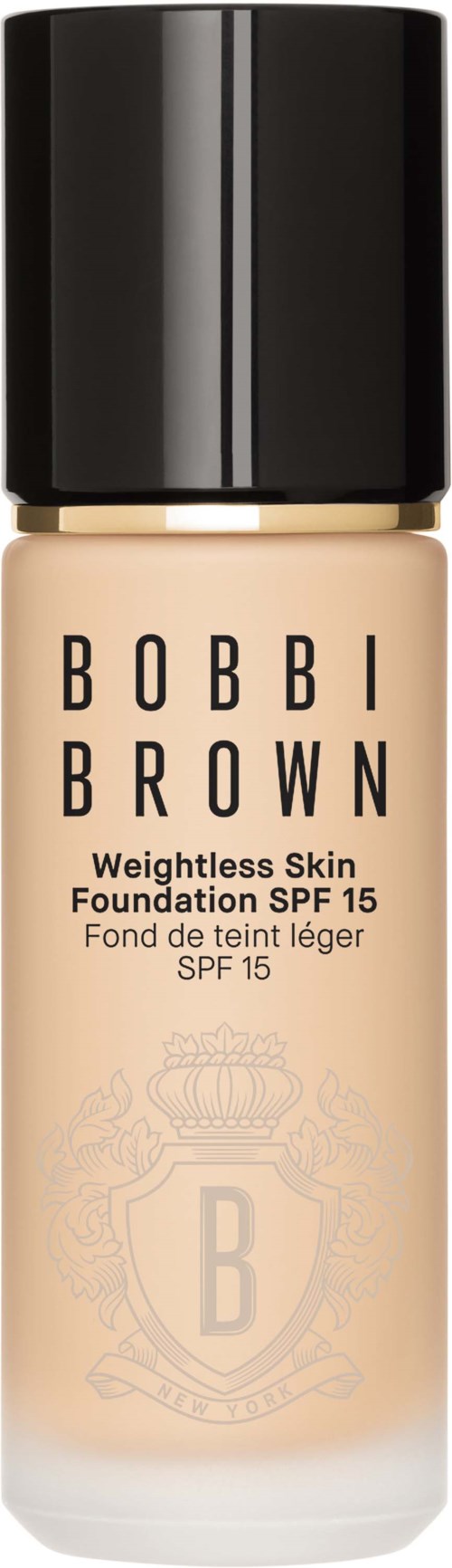 Foundation bottle with black cap, labeled Bobbi Brown, SPF 15, for weightless skin coverage.