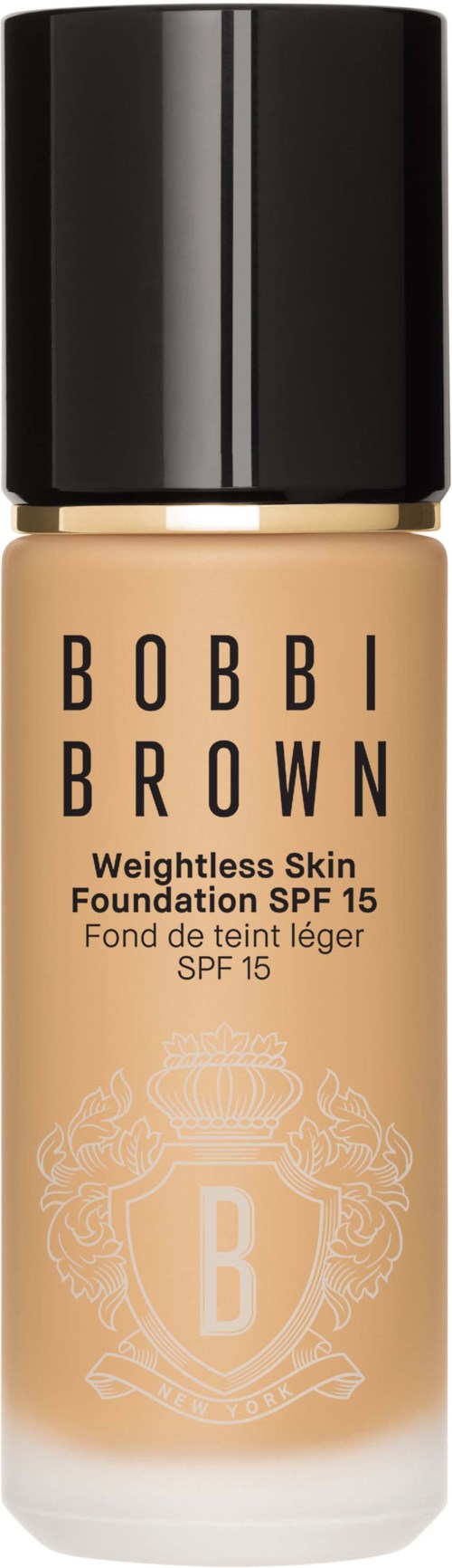 Bobbi Brown foundation bottle with black cap, beige color, and a white emblem on the label.