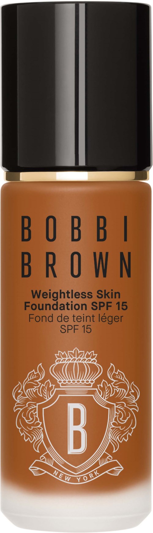 A bottle of Bobbi Brown foundation with SPF 15, brown color, black cap, and white decorative label.