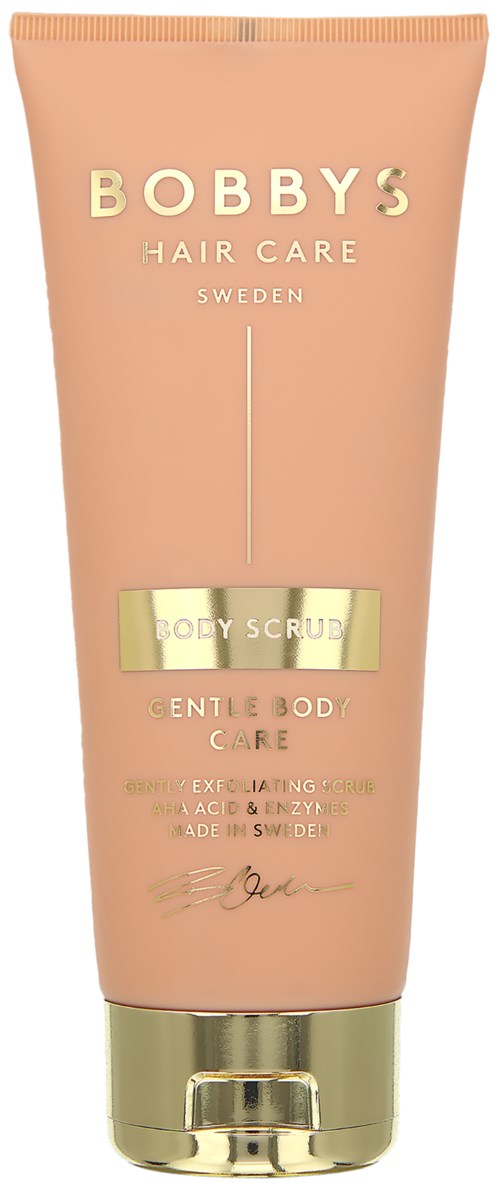 Ein pfirsichfarbiger Tuben Körperpeeling von Bobby's Hair Care, Schweden, mit goldenen Akzenten und Text.