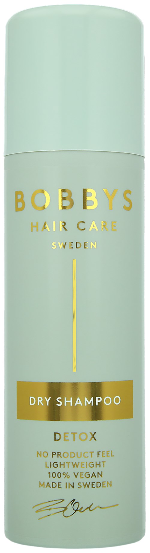 Vaaleanvihreä pullo Bobby's kuivashampoata, kultatekstillä, merkinnällä detox, vegaani ja valmistettu Ruotsissa.