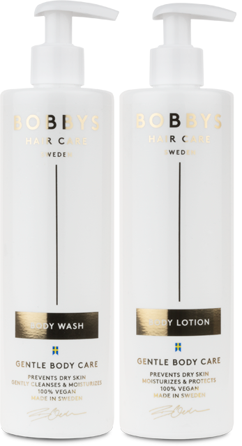 Two white bottles with pumps, labeled 'Body Wash' and 'Body Lotion,' for gentle skin care, vegan, made in Sweden.