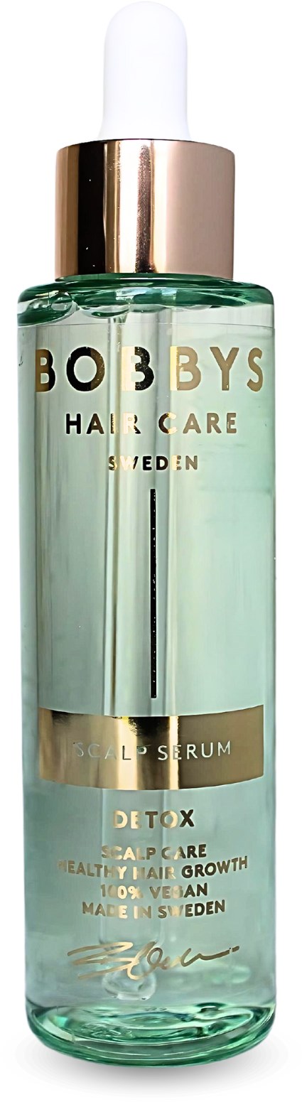 Een heldere fles met een druppelkappendop die gelabeld is als Bobbys Hair Care Detox Serum voor hoofdhuid en haargroei.
