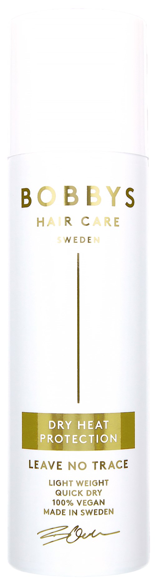 En lang hvit flaske med gullfarget og svart tekst, merket som Bobbys Hair Care tørre varmebeskyttelse spray.