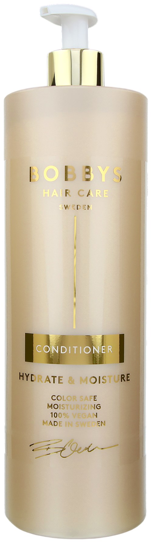 En lang, beige flaske med pumpe, merket Bobby's Hair Care Conditioner, Hydrerer og fukter, laget i Sverige.