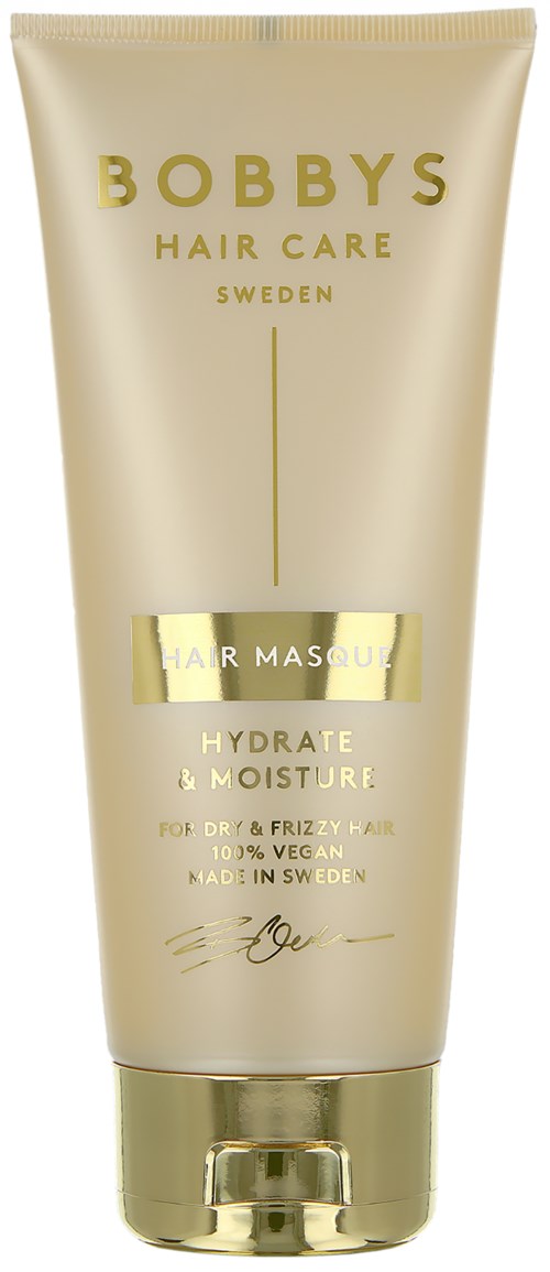 Goldene und weiße Tube von Bobby's Hair Care Hydrate & Moisture Haarkur für trockenes und krauses Haar.