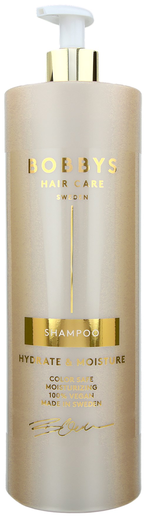En lang, hvit sjampo-flaske med gullfarget topp og gullfarget tekst, merket "BOBYS HAIR CARE" og "SHAMPOO."