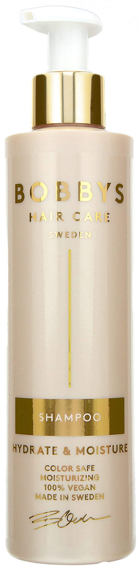 Flaske med Bobby's Hair Care Shampoo, gull og hvit design, fremmer hydrering og fuktighet.