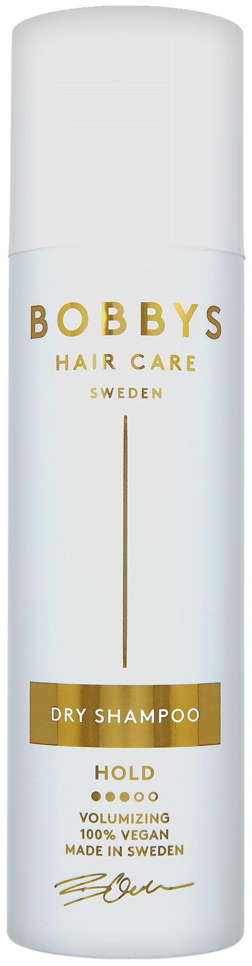 Eine lange weiße Flasche mit goldener Schrift über Trockenshampoo, Haarpflege und vegane Produkte.