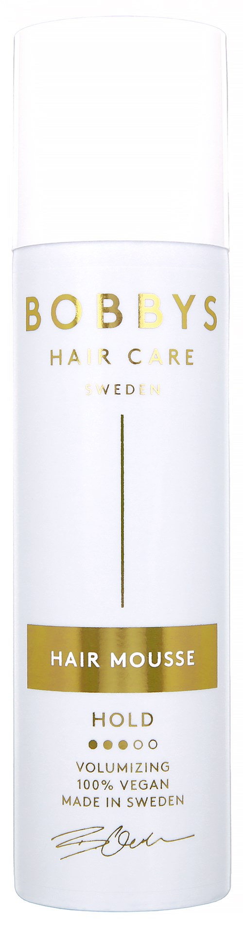 Eine weiße Flasche mit BOBBY'S Hair Care, speziell Hair Mousse, mit Gold- und Schwarzt text auf weißem Hintergrund.