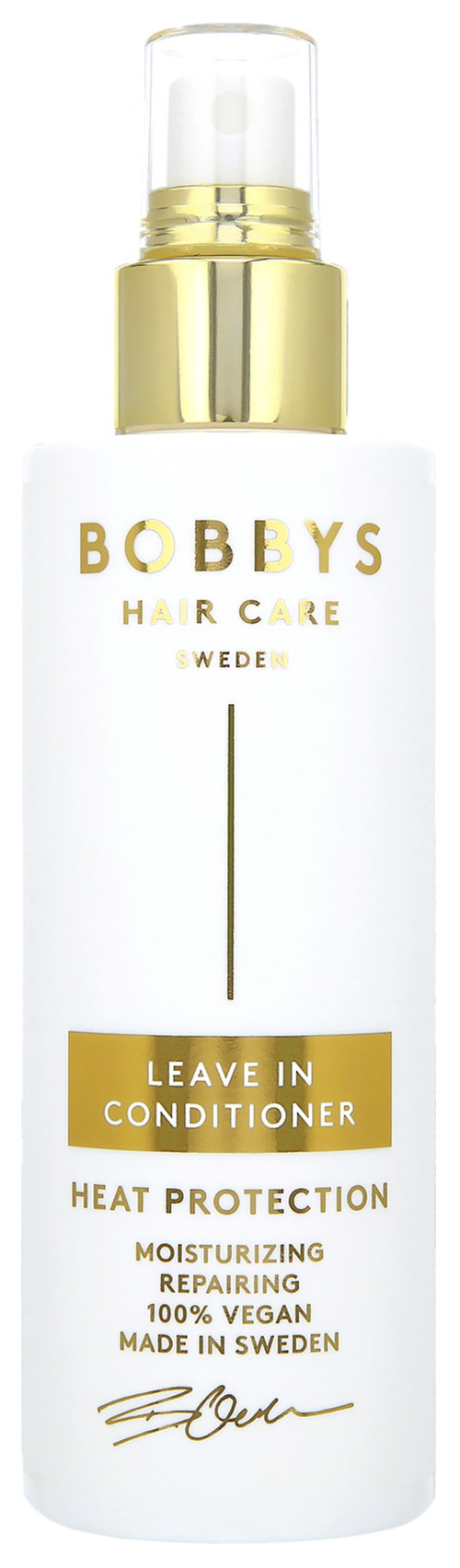 Eine weiße Flasche mit goldenen Akzenten enthält Bobbys Leave-In Conditioner für Hitzeschutz und feuchtigkeitsspendende Reparatur.