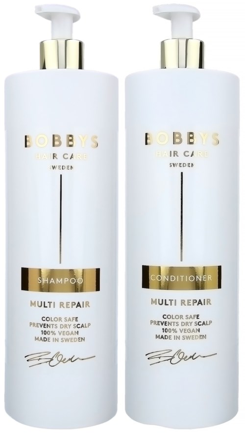 Zwei weiße Flaschen mit Shampoo und Conditioner von Bobby's Haarpflegemarke, mit Gold- und Schwarzakzenten.