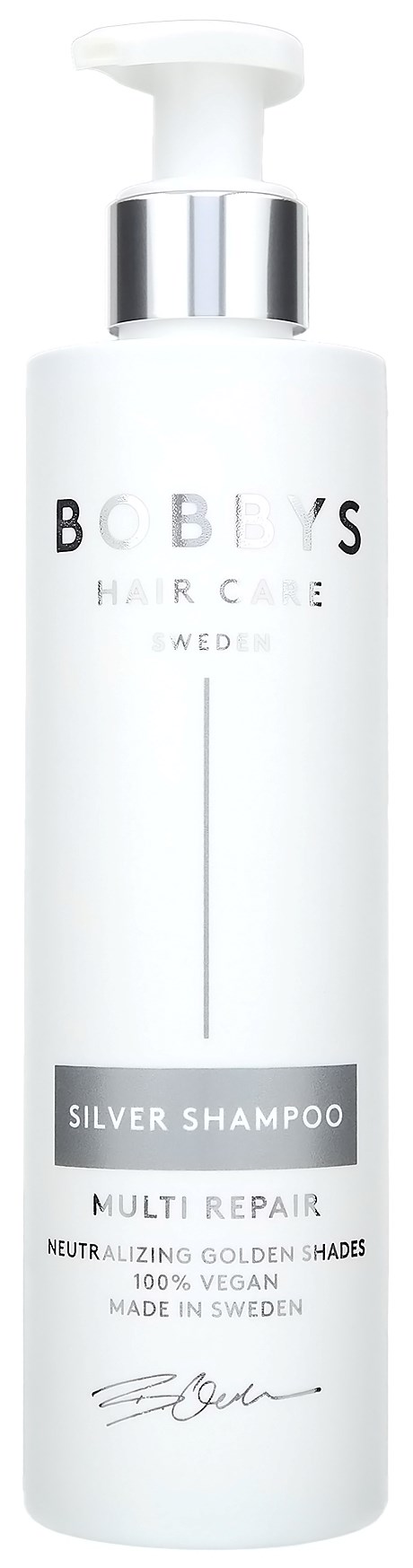 Weiße Flasche mit Silberkappe, gekennzeichnet Silver Shampoo, für Haarkur, vegan, hergestellt in Schweden.