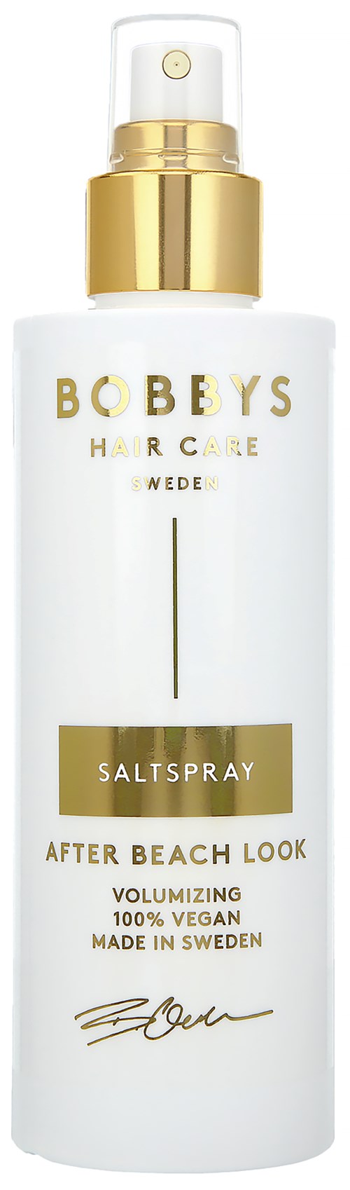 Weiße Flasche mit goldener Kappe und Sprühkopf, beschriftet 'BOBBYS HAIR CARE' und 'SALTSPRAY', für nach dem Strand Haar.