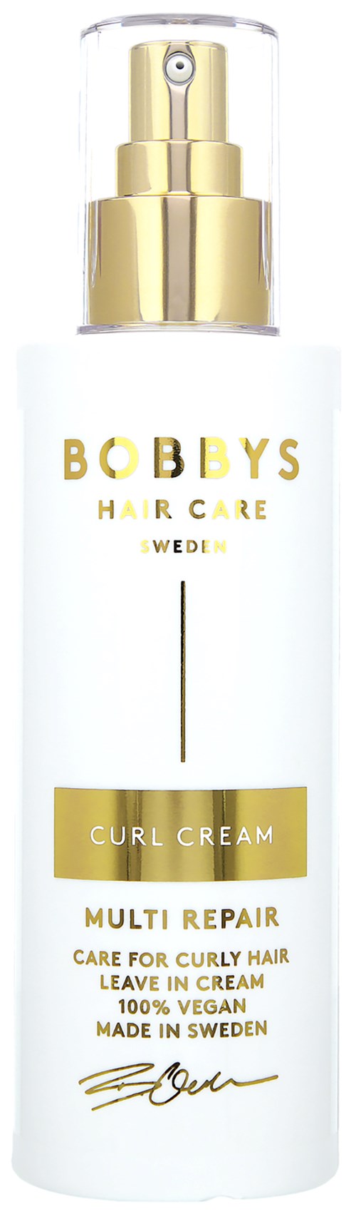 Eine weiße Flasche mit Bobbys Hair Care Lockencreme mit goldener Kappe und Sprühkopf, für lockiges Haar, vegan, Made in Sweden.