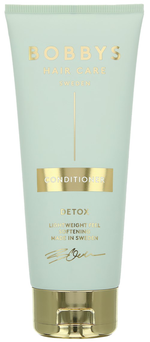 Hellgrüne Tube von Bobby's Haarkur, Detox mit Golddetails, hergestellt in Schweden.