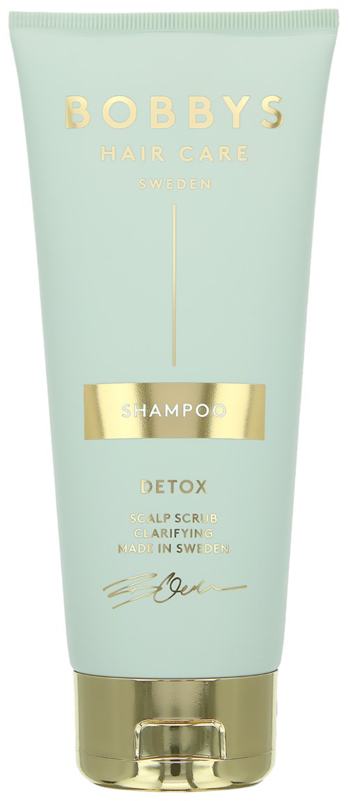 Bobbys Hair Care Shampoo für Detox, Kopfhautpeeling, Klärung, hergestellt in Schweden, mit einer eleganten hellgrünen Flasche.