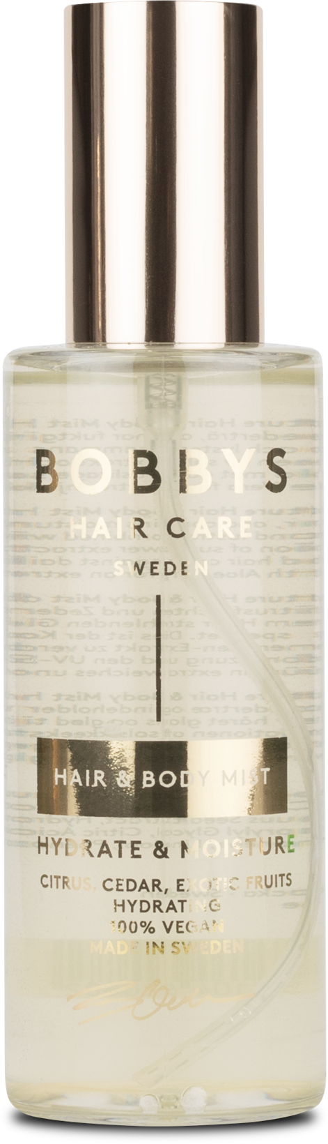 Eine klare Flasche mit silberner Kappe, gekennzeichnet "Bobby's Hair Care" und erwähnt Feuchtigkeit und Zitrusbestandteile.