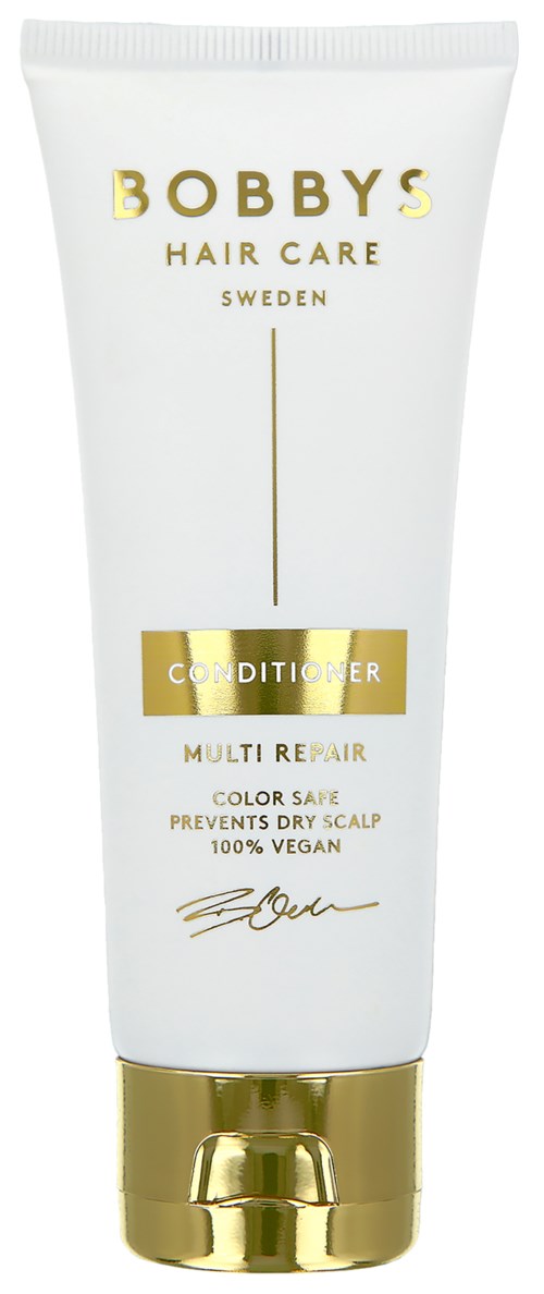 White tube with gold cap, labeled as Bobby's Hair Care Conditioner, multi repair, for dry scalp, vegan.